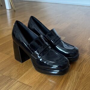 Nine West Black Patent Platform Block Heel Loafers